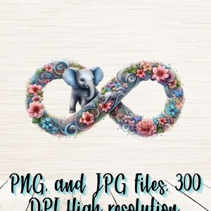 Elefante floral fofo símbolo do infinito png arquivo JPG, download digital, pod permitido, sublimação de logotipo de camiseta infantil, decalque de clipart gráfico de tatuagem
