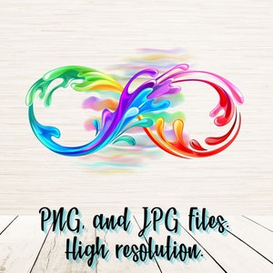 May include: A colorful infinity symbol design with rainbow paint splatters. PNG and JPG files. High resolution.