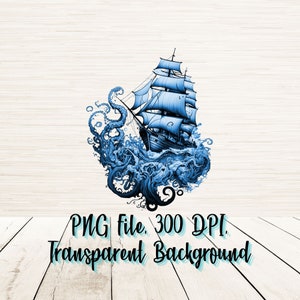 May include: A blue and white ship sailing through stormy seas with a giant octopus tentacle wrapping around the ship. The image has a transparent background.
