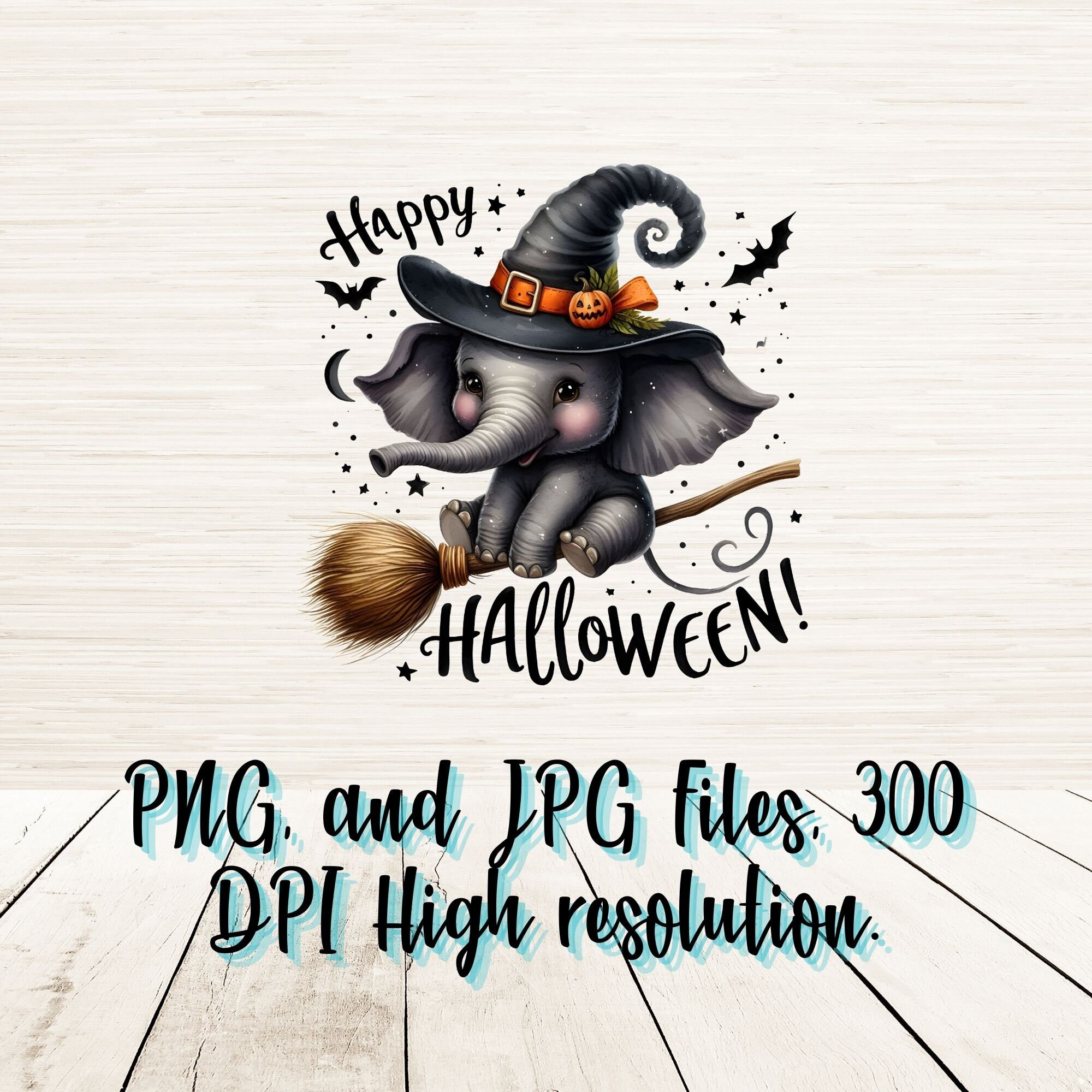 Happy Halloween Cute Watercolor Elephant PNG JPG Files, Digital Download, Kids Animal T shirt Sublimation Logo, Witch Hat Design Graphic