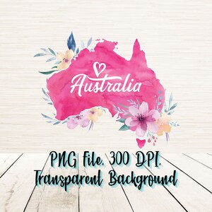 Może przedstawiać: Różowa akwarelowa ilustracja zarysu Australii z sercem i napisem "Australia" w środku. Mapa jest otoczona akwarelowymi kwiatami w odcieniach różowego, żółtego i niebieskiego.