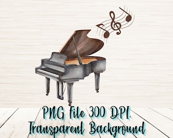 Può includere: Un'illustrazione ad acquerello di un pianoforte a coda in nero e marrone, con note musicali che galleggiano sopra di esso. Lo sfondo è una venatura di legno chiaro.