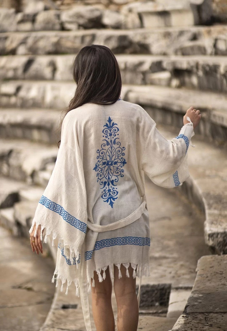Kort linnekimonomorgon Boho kimono linnemorgon Strandklänning Sommarmorgonrock Badrock för kvinnor Boho omlottkofta Present till henne bild 7