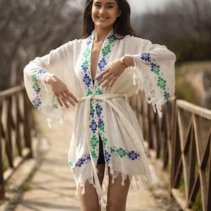 Turkisk bomulls kimono morgonrock bambu kort morgonrock lång strandöverdrag boho wrap kofta sommar morgonrock badrock för kvinnor boho kimono