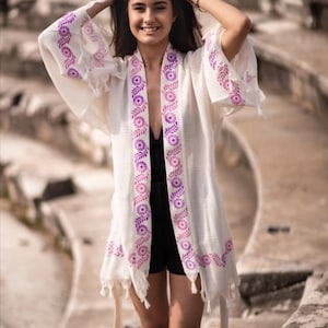 Turkisk bomulls kimono-morgonrock bambu kort morgonrock strandöverdrag boho wrap cardigan sommar morgonrock badrock för kvinnor boho kimono