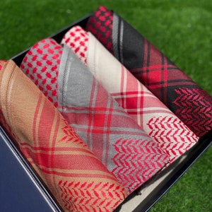 Ruby Red 4 Piece Medium weight Keffiyeh Scarf Set Original Arab Scarf Saudi Arabian Kufi Islamic Arabic Attire Ghutra Cotton Shemagh