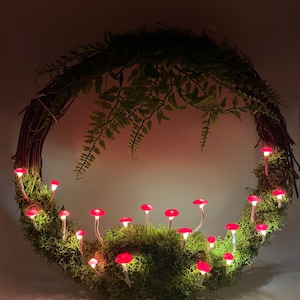 Glowing mushroom wreath/ handmade/ Christmas decoration/ fairy core / whimsical decor