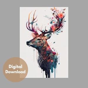 Abstract Deer with Flowers Digital Print, Instant Download, Available in 8 sizes.