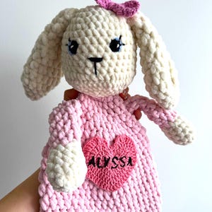 Customizable Snuggler Knotted Lovey Woobie toy Name Custom Order Request Crochet Project Plushie Comforter Cuddle Amigurumi Soft Baby Toy