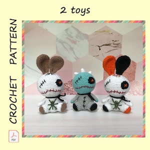 Voodoo Dino and Bunny Crochet Pattern Amigurumi DIY Voodoo plushie Poppet toy stuffed gift tutorial PDF Download hero Digital Halloween gift