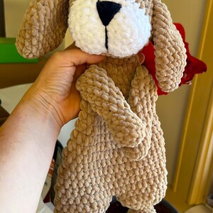 May include: A crocheted brown and white dog plush toy with black eyes and a black nose. The toy is held by a hand in front of a potted plant.