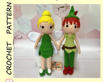 Peter Pan and Tinkerbell Pattern Crochet Inspired Dolls DIY Amigurumi tutorial PDF Download Plushie Handmade Cartoon characters Set for play
