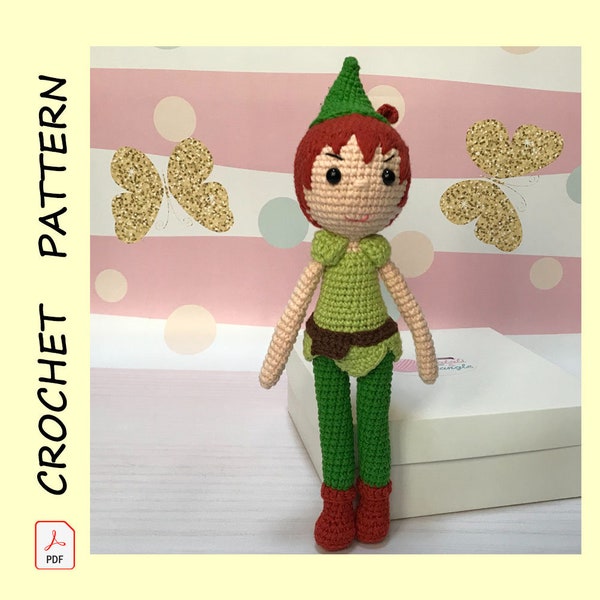 Peter Pan Inspired Crochet Pattern doll Amigurumi tutorial PDF Download Hero Cartoon characters Peter Pan Plushie Handmade Tinkerbell Fairy