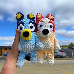 Crochet Bluey Inspired Orange Bingo Plushie Puppy Lovey Cuddle Toy Made to Order Dog Handmade Soft Amigurumi Custom cartoon toy Gift hero