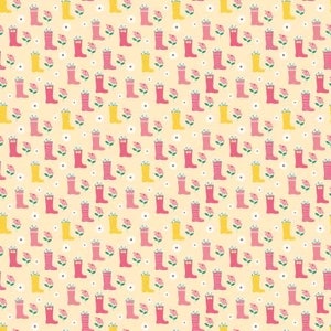 May include: A seamless pattern featuring pink and yellow rain boots with white flowers on a light yellow background.