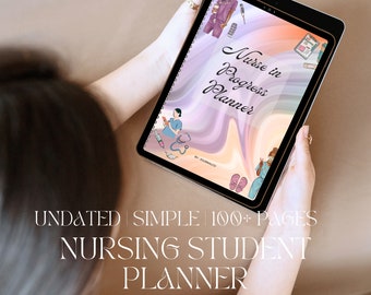 Könnte beinhalten: Ein digitaler Planer mit einem rosa-violetten Marmorhintergrund. Der Text "Nurse in Progress Planner" ist in Kursivschrift auf dem Cover geschrieben. Der Planer ist auf einer Seite mit Illustrationen von medizinischen Utensilien und einer Krankenschwester geöffnet.