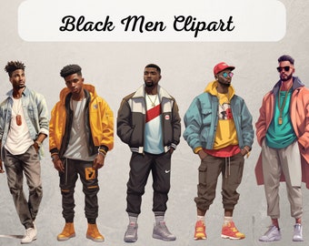 May include: Five illustrations of Black men wearing different casual outfits. The men are wearing jackets, jeans, and sneakers. The illustrations are in a cartoon style.