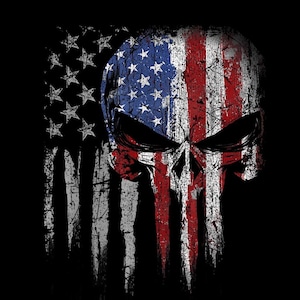 May include: A distressed graphic featuring a skull design integrated with the American flag. The skull's features are formed by the flag's stars and stripes in red, white, and blue, set against a black background.