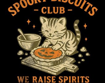 Spooky Biscuits Club PNG, grappige bakkende kat digitale download, retro Halloween sublimatieontwerp, printbare afbeelding van een kattenkoekjesmaker