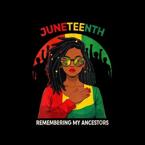 May include: Illustration of a woman with dreadlocks wearing sunglasses with a colorful design. The image features the text "Juneteenth" and "Remembering My Ancestors" on a black background. The woman is wearing a red, yellow, and green top.