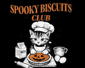 Spooky Biscuits Club PNG, grappige bakkende kat digitale download, retro Halloween sublimatieontwerp, printbare afbeelding van een kattenkoekjesmaker