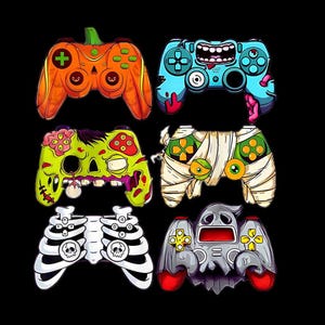 May include: Six colorful game controllers with Halloween and horror themes. Designs include a pumpkin, a zombie, a mummy, a skeleton, a ghost, and a blue controller with teeth. All controllers are set against a black background.