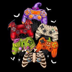 May include: A selection of Halloween-themed game controllers, each with a unique design such as a witch's hat, mummy, zombie, pumpkin, and skeleton. The controllers are in purple, red, orange, green, and beige, set against a black background with spiderwebs and bats.