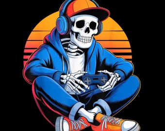 Op de afbeelding: Illustratie van een skelet met een blauwe hoodie, een oranje en rode baseballcap en een koptelefoon, die een blauwe videogamecontroller vasthoudt. Het skelet zit met gekruiste benen voor een zonsondergangachtergrond en draagt oranje sneakers.