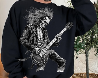 Skeleton Playing Guitar PNG, Rock and Roll T Shirt Graphic, Spooky Musician Clipart, Halloween Punk Rock PNG Download