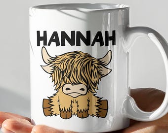 Caneca personalizada com vaca das Terras Altas | Caneca de café com nome personalizado para presente