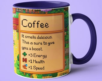 Taza de café de Stardew Valley, regalo lindo de la taza de café para el amante de Stardew Valley, regalo de la taza de Stardew Valley para ella, taza de estadísticas de café de Stardew Valley