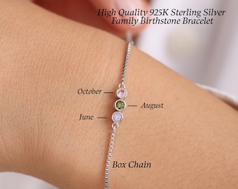 Sterling Silver Family Birthstone Bracelet with box chain, Birthstone Bracelet for Mom, Personalized Birthstones, Christmas Gift for Mom