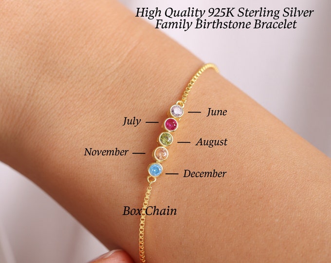 Birthstone Bracelet for Mom, Family Birthstone Bracelet with box chain, Birthstone Jewelry, Personalized Gifts, Valentines Day Gift