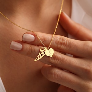 [wingbling] 14K Gold☆Marlle Necklace 14K Solid Yellow Gold Guardian Angel Wings Single Wing