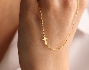 14K Solid Gold Cross Necklace, Sideways Cross Charm Necklace, Dainty Silver Crucifix Pendant, Religious Jewelry. Moms Gift, Mothers Day Gift