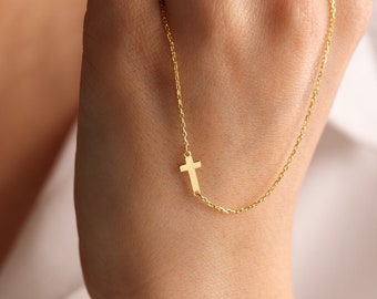 14K Solid Gold Cross Necklace, Sideways Cross Charm Necklace