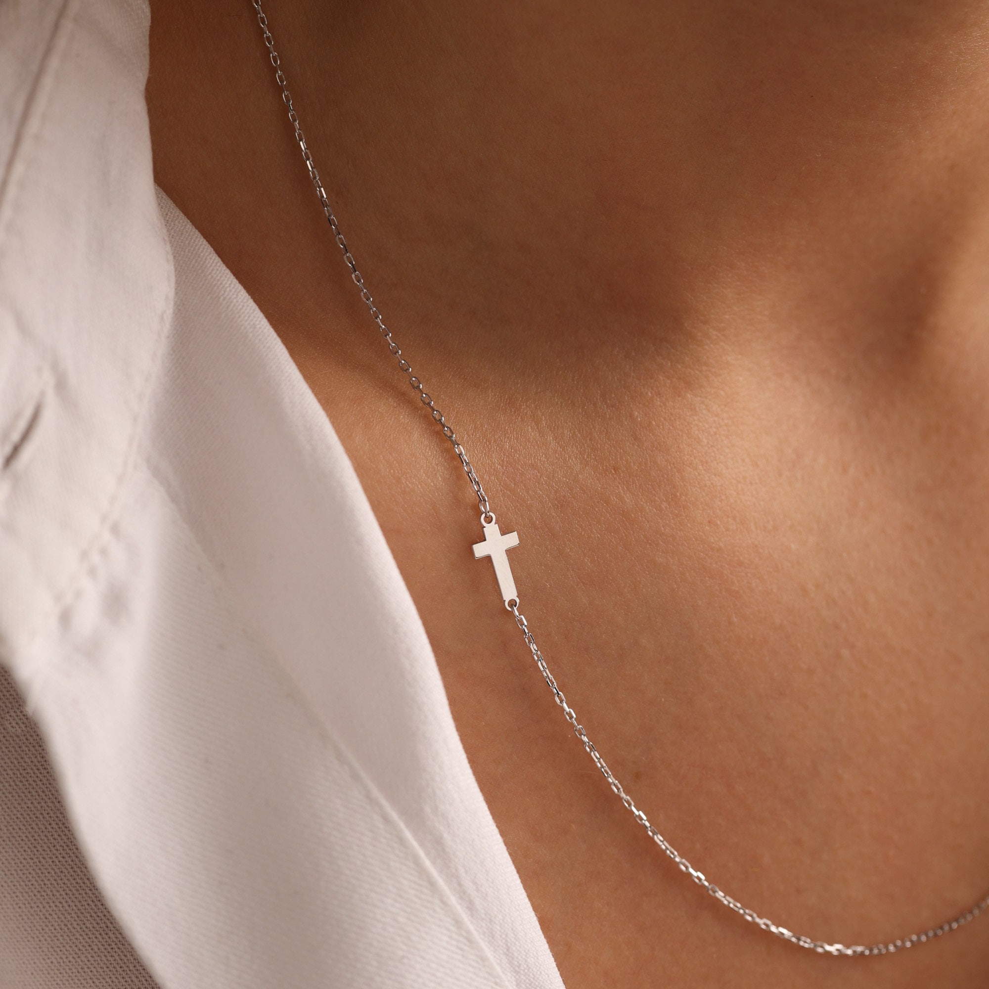 Sideways Cross Necklace, Tiny Cross Gift for Her, Dainty