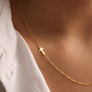 14K Tiny Gold Cross Necklace, Gold Sideway Cross Necklace, Side Cross Necklace, Dainty Cross Pendant, Gift For Her, Mothers Day Gifts