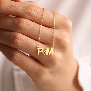 14k Gold initial Necklace With Tiny Heart, Custom Letter Necklaces, Personalized Gifts for Bridesmaid,Double initial Necklace,Handmade Gifts