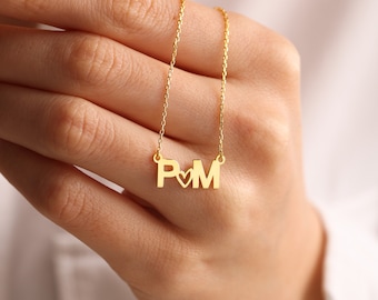 14k Gold initial Necklace With Tiny Heart, Custom Letter Necklaces, Personalized Gifts for Bridesmaid,Double initial Necklace,Handmade Gifts