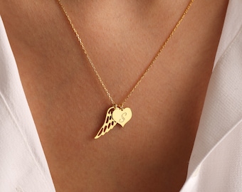 Custom Memorial Wing necklace, Personalised Angel Gold Wing Necklace, Dainty Silver initial Heart Disc, Miscarriage Necklace, Gifts for Mom