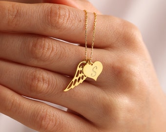 Angel Wing Necklace, Heart Name Necklace with Wings, Gift for deceased person, Gift for deceased dad, Memorial Gift, Gift for her