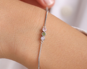 Sterling Silver Family Birthstone Bracelet with box chain, Birthstone Bracelet for Mom, Personalized Birthstones, Christmas Gift for Mom