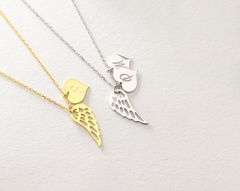 Heart Name Necklace with Wings, Angel Wings Necklace, Memorial Wing Necklace, Sterling Silver Angel Wing Necklace, Memorial Gift