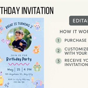 Kids Birthday Invitation with Photo | Editable Cute Animal Party Invite