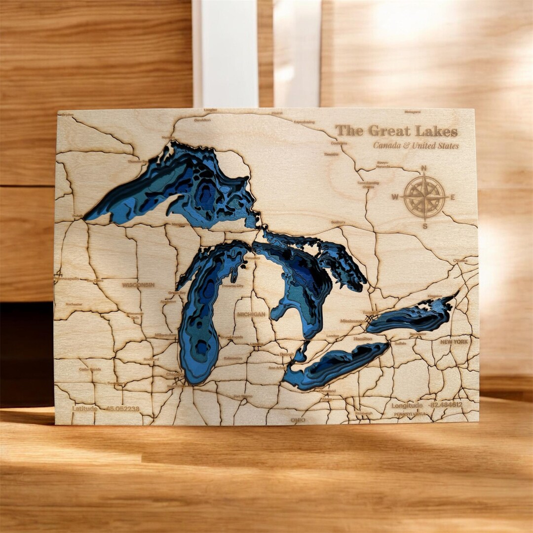 3D Great Lakes Wood Map – Laser-cut Topographic Wall Art (8” X 10”) - Etsy