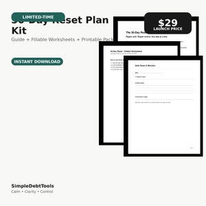 30-dagars återställningsplankit | Arbetsbok för ekonomisk stresslindring | Ifyllbara PDF-arbetsblad + utskrivbar planerare | Budget- och skuldåterställning