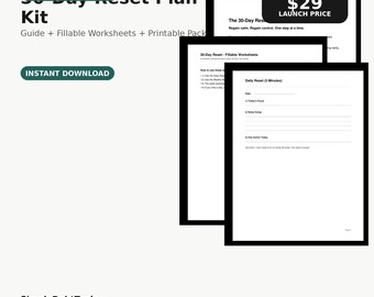 30-Tage-Reset-Plan-Kit | Workbook zum Stressabbau | Ausfüllbare PDF Arbeitsblätter + Printable Planner | Haushalts-Reset