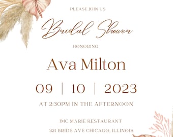 Beige and Pink Bridal Shower  Invitation, Bridal Invitation, Boho Bridal Shower Invitation,  Floral Bridal Shower Invitation Template