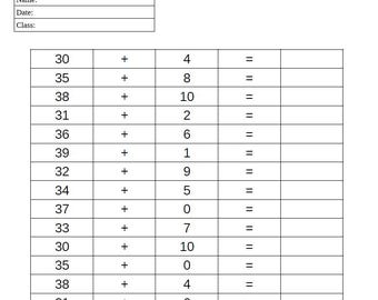 Addition Worksheets 30–40, 30 Printable PDF Worksheets Math Practice for Kids Kindergarten, Grade 1, and Grade 2